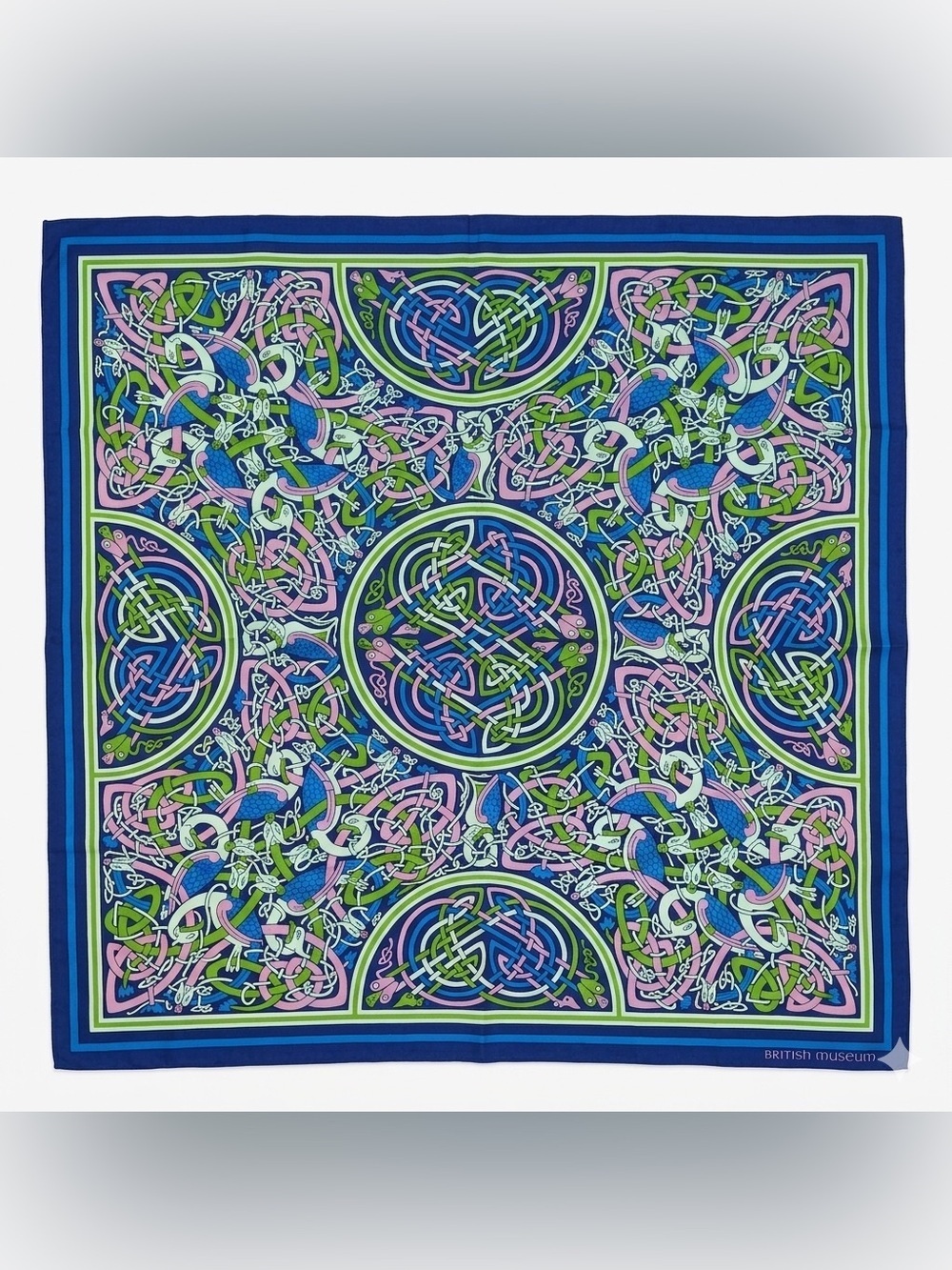 Bristish Museum Vibrant Celtic Knot Pattern 100% Wool Scarf Blue, Pink & Green